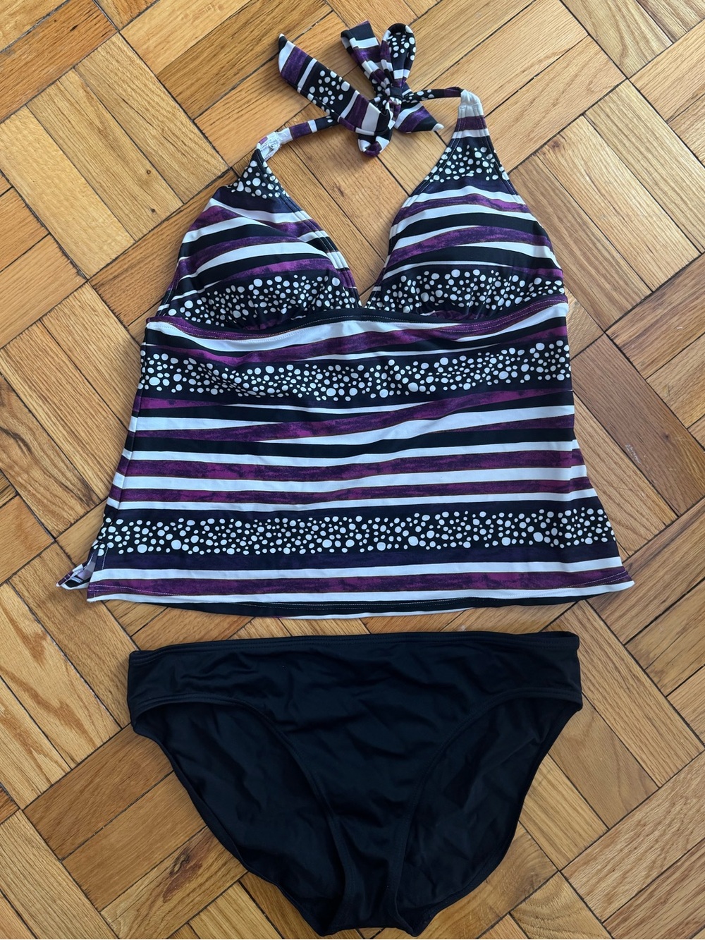 Halter Tankini Set in Black and Purple Stripe